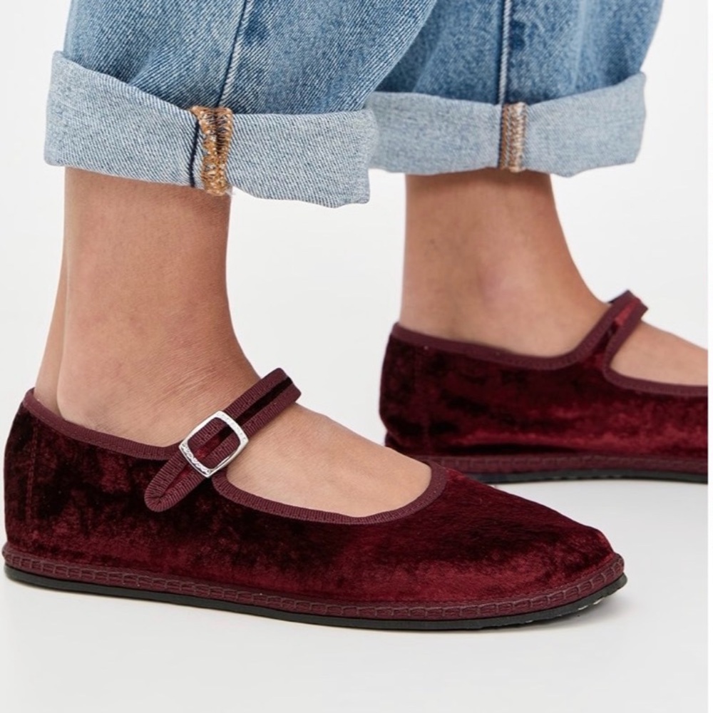 Velvet Mary Jane Flats in Deep Burgundy